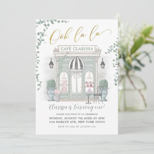 Green and Gold Parisian Cafe Birthday Invitation Kaart (Staand voorkant)