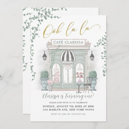 Green and Gold Parisian Cafe Birthday Invitation Kaart (Voorkant / Achterkant)