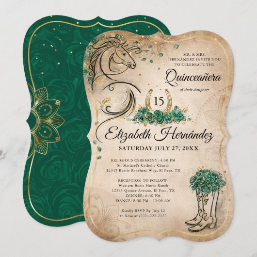 Green and Gold Quinceañera Rustic Horse Birthday Kaart (Voorkant / Achterkant)