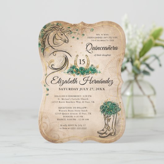 Green and Gold Quinceañera Rustic Horse Birthday Kaart (Staand voorkant)