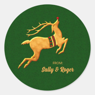 Green and Gold Reindeer op Damask Ronde Sticker