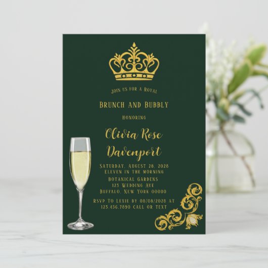 Green and Gold Royal Crown Brunch en Bubble Kaart (Staand voorkant)