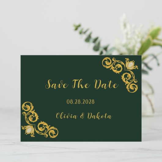 Green and Gold Royal Wedding Save the Date Kaarten (Staand voorkant)