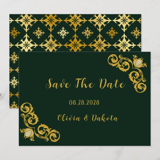 Green and Gold Royal Wedding Save the Date Kaarten (Voorkant / Achterkant)