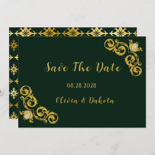 Green and Gold Royal Wedding Save the Date Kaarten