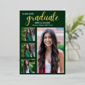 Green and Gold Script 4 Graduate Photos for Her Folie Uitnodiging (Staand Voorkant)