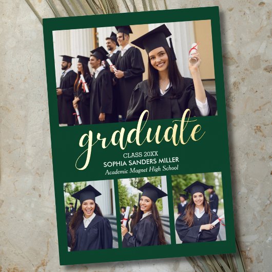 Green and Gold Script 4 photos Graduated Folie Uitnodiging