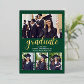 Green and Gold Script 4 photos Graduated Folie Uitnodiging (Staand Voorkant)