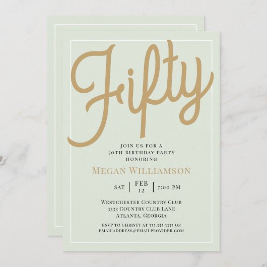 Green and Gold Script 50th Birthday Invitation Kaart (Voorkant / Achterkant)