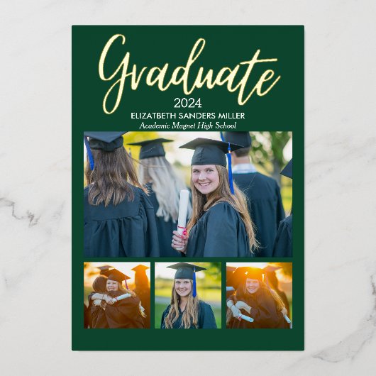 Green and Gold Script photos collage for graduated Folie Uitnodiging (Voorkant)