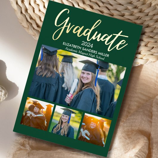 Green and Gold Script photos collage for graduated Folie Uitnodiging