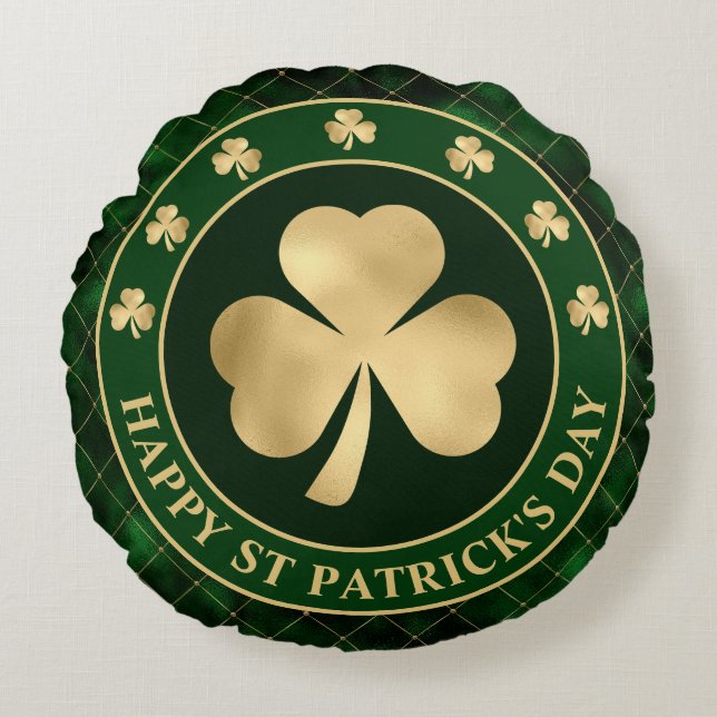 Green and Gold Shamrock Clover St Patrick's Day Rond Kussen (Voorkant)