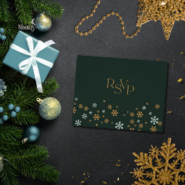 Green and Gold Snowflake Holiday RSVP Card Kaartje