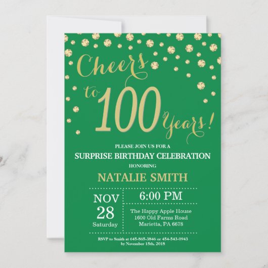 Green and Gold Surprise 100th Birthday Diamond Kaart (Voorkant)