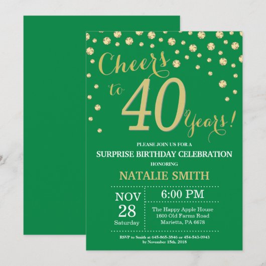 Green and Gold Surprise 40th Birthday Diamond Kaart (Voorkant / Achterkant)