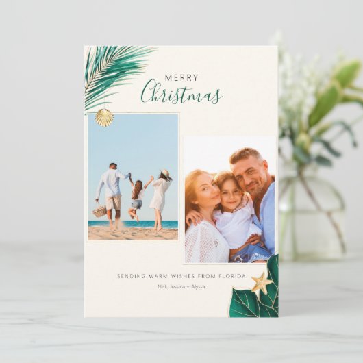 Green and Gold Tropical 2-fotoKerstmis Feestdagenkaart (Staand voorkant)