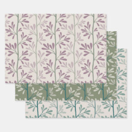 Green and Mauve Garden Stems Modern Botanical Inpakpapier Vel
