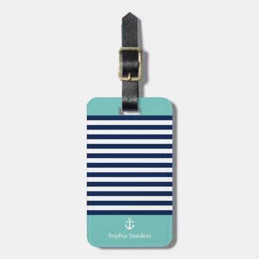 Green and Navy Blue Striped Nautical Pattern Bagagelabel (Voorkant verticaal)
