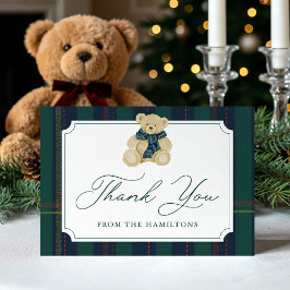 Green and Navy Plaid Teddy Bear Baby Shower Bedankkaart