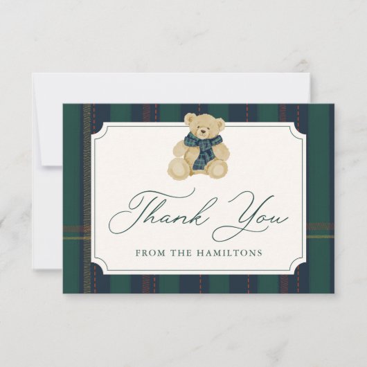 Green and Navy Plaid Teddy Bear Baby Shower Bedankkaart (Voorkant)