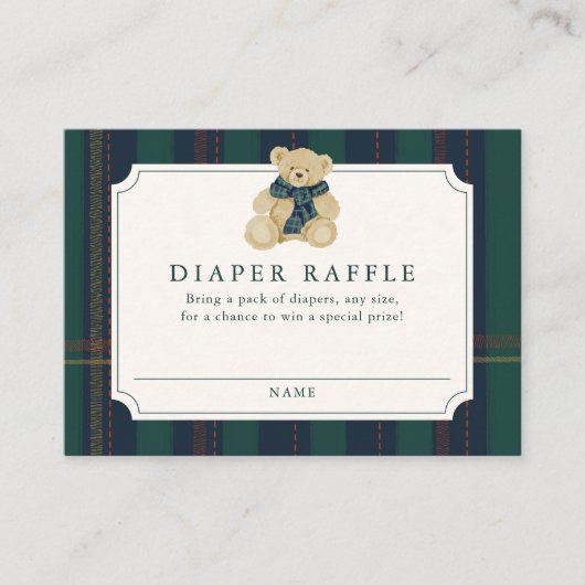Green and Navy Plaid Teddy Bear Diaper Raffle Informatiekaartje (Voorkant)