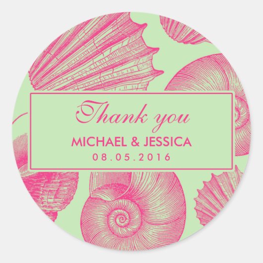 Green and Pink Seashell Wedding Bedankt Sticker (Voorkant)