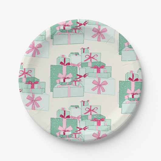 Green and Pink Stacked Christmas Presents Papieren Bordje (Voorkant)