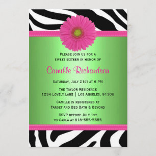 Green and Pink, Zebra Sweet Sixteen Uitnodiging