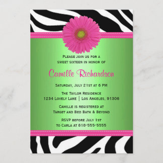 Green and Pink, Zebra Sweet Sixteen Uitnodiging