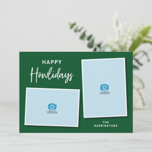 Green and Red Dog Botten Happy Howlidays Foto Feestdagenkaart (Staand voorkant)