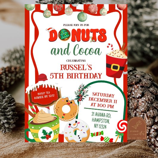 Green and Red Donuts and Cocoa Birthday Invitation Kaart