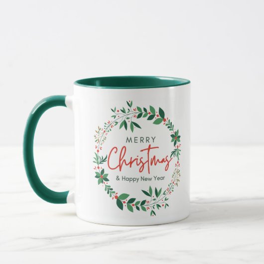 Green and Red Floral Illustration Christmas Mug Mok (Links)