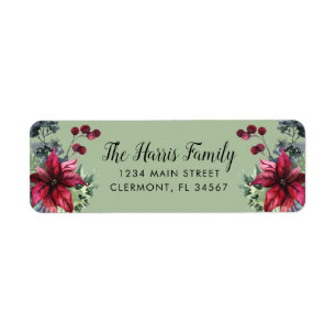 Green and Red Poinsettia Holly Berries Label