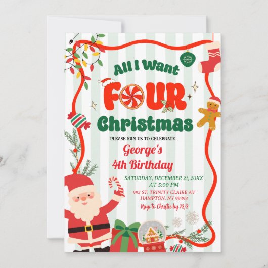 Green and Red Retro Christmas Winter 4th Birthday Kaart (Voorkant)
