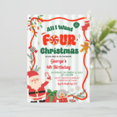 Green and Red Retro Christmas Winter 4th Birthday Kaart (Staand voorkant)