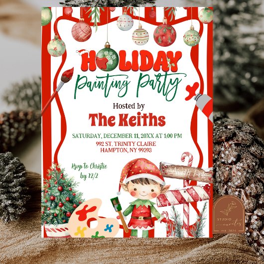 Green and Red Retro Kid's Holiday Painting Party Kaart