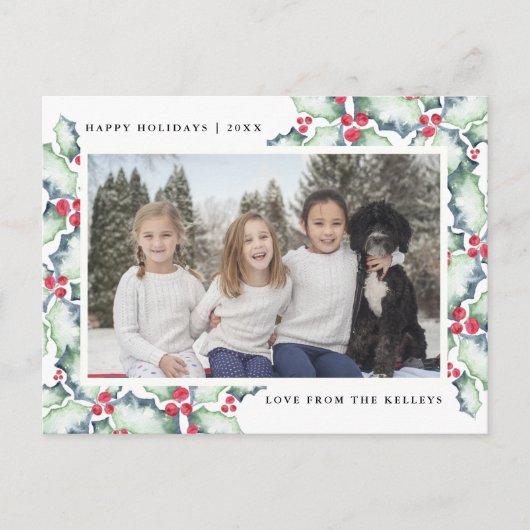 Green and Red Waterverf Holly, Holiday Foto Briefkaart (Voorkant)
