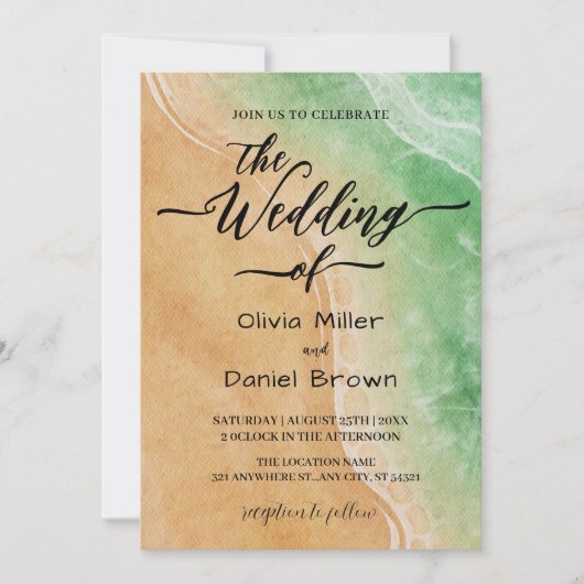 Green and Sand Waterverf Shore Beach Wedding Kaart (Voorkant)