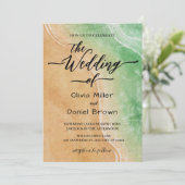 Green and Sand Waterverf Shore Beach Wedding Kaart (Staand voorkant)