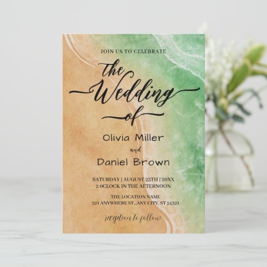 Green and Sand Waterverf Shore Beach Wedding Kaart (Staand voorkant)