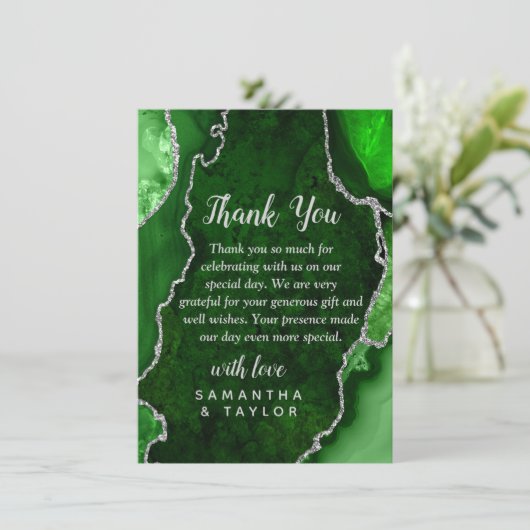 Green and Silver Agate Marble Wedding Bedankkaart (Staand voorkant)