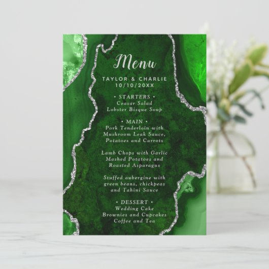 Green and Silver Agate Marble Wedding Menu (Staand voorkant)