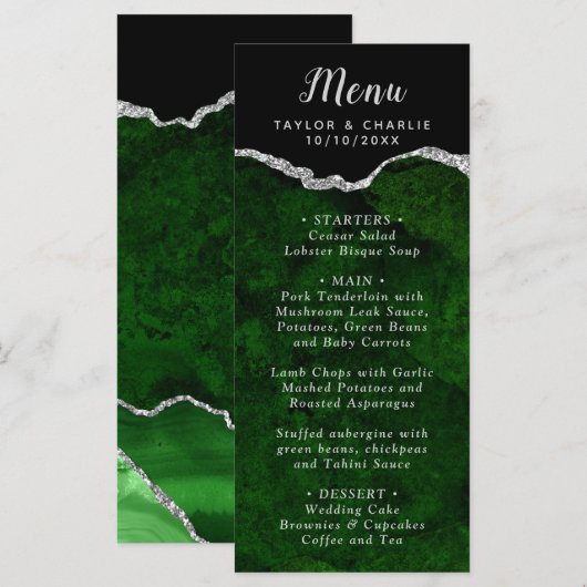Green and Silver Agate Marble Wedding Menu (Voorkant / Achterkant)