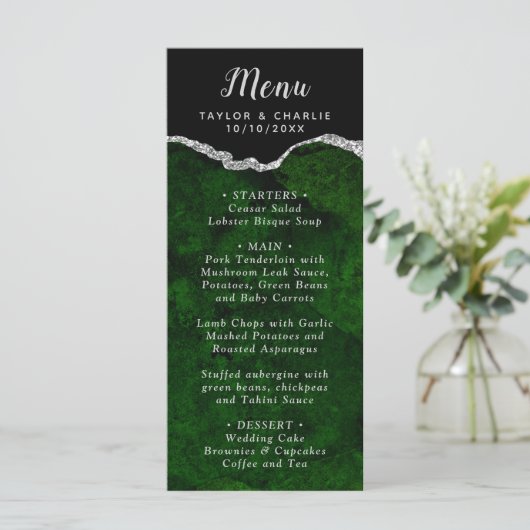 Green and Silver Agate Marble Wedding Menu (Staand voorkant)