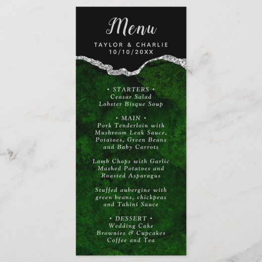 Green and Silver Agate Marble Wedding Menu (Voorkant)