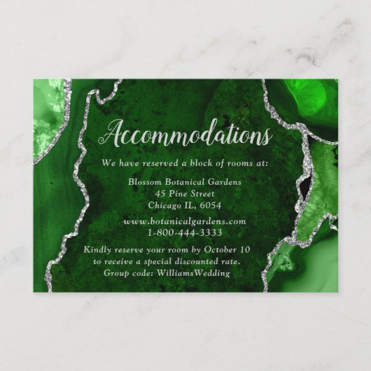 Green and Silver Agate Wedding Accommodations Informatiekaartje (Voorkant)