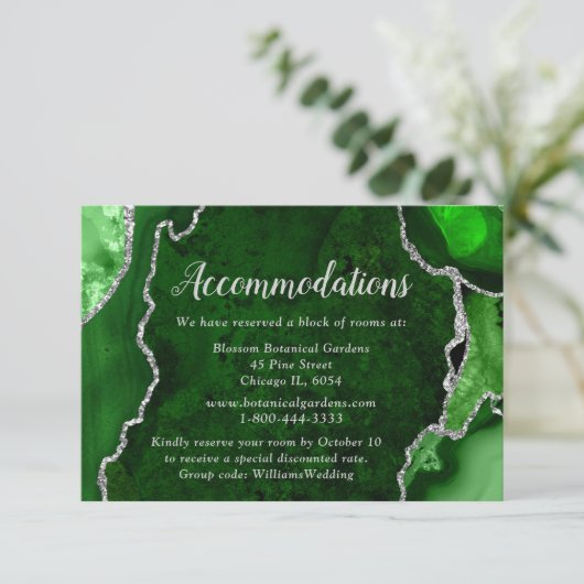 Green and Silver Agate Wedding Accommodations Informatiekaartje (Staand voorkant)