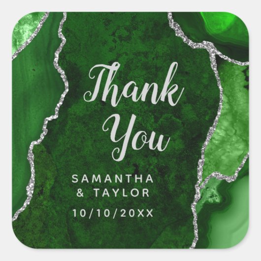 Green and Silver Agate Wedding Bedankt Vierkante Sticker (Voorkant)