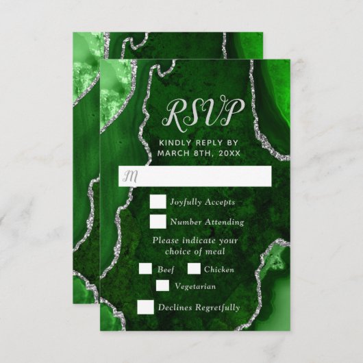 Green and Silver Agate Wedding Meal Choice RSVP Kaartje (Voorkant / Achterkant)
