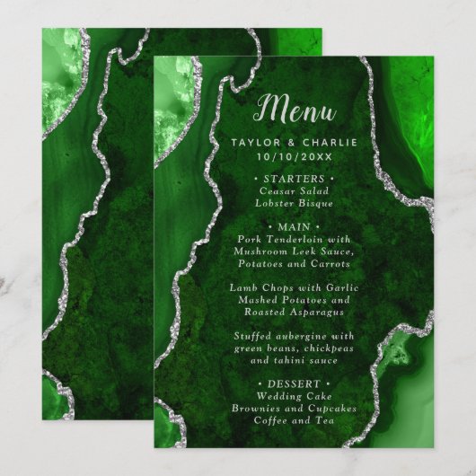 Green and Silver Agate Wedding Menu (Voorkant / Achterkant)